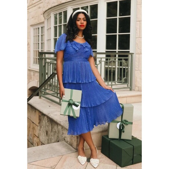 IVY CITY CO. womens Cecily Midi Dress size 8 Cobalt Blue Sparkly Tier Pleated - Picture 2 of 11